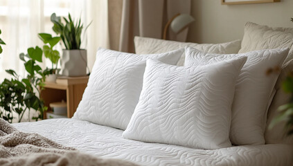 White quilted pillow on a beige bed, perfect for bedroom decor.