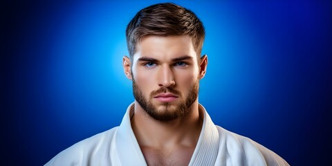 Obraz premium A male martial artist wearing a white gi with a blue background, displaying a serious expression. Concept Martial Artist Portrait, White Gi Attire, Serious Expression, Blue Background