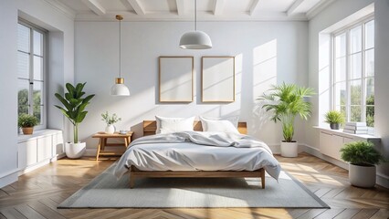 Fototapeta premium Minimalist White Bedroom Interior with Blank Poster Mockup Above Bed - Stock Photo