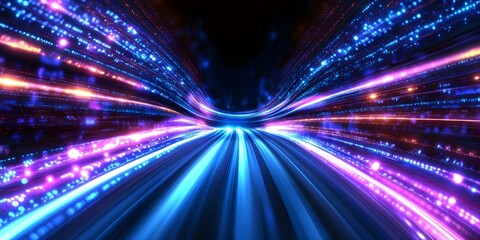 Obraz premium A vibrant abstract depiction of streaking lights in a tunnel-like formation, emphasizing a sense of speed and movement. Concept Vibrant Abstract Art, Streaking Lights, Tunnel Formation