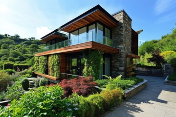 Fototapeta premium Modern Luxury Village Home with Beautiful Blooming Garden