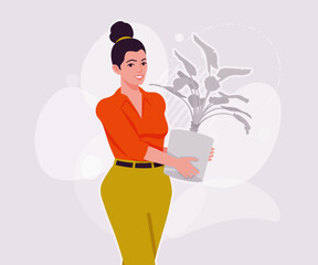 Modern businesswoman flower pot plant holding. Business lady, high waisted pants, office trousers belt, attractive blouse female model. Vector flat style cartoon illustration creative background color