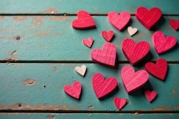 Obraz premium Scattered wooden hearts on aged wooden planks, background, country
