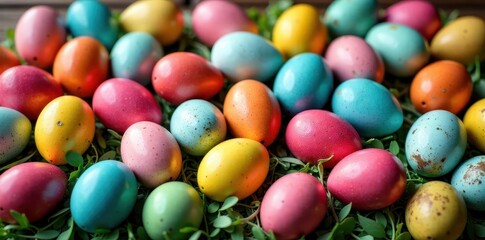 Obraz premium Set of colorful Easter eggs arranged on a wooden surface, design, arrangement, wood