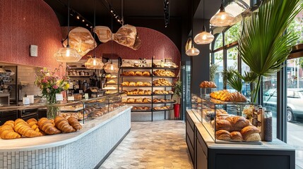 A vibrant bakery counter showcasing freshly baked croissants and artisan bread