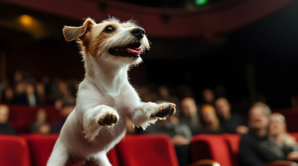 A Jack Russell terrier performing tricks on stage during a movie premiere, capturing the audience’s attention with its energy and charm 