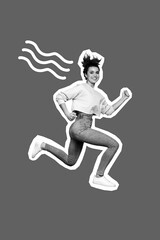 Vertical collage photo poster of young attractive positive lady run air hurry up opening new shopping mall promo isolated on green color background