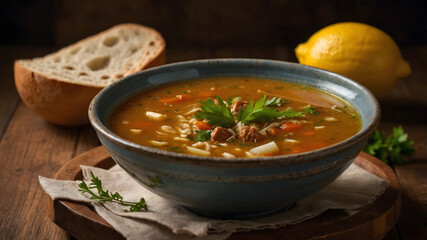 Delicious soup with vegetables and meat served in blue bowl on wooden table with bread and lemon