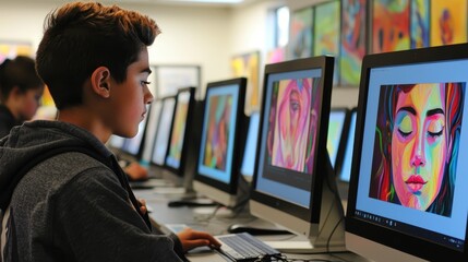 Students using digital tools for an art project in class