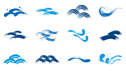 筆　ブラシ　手書き　波　セット　ベクター　和風　素材　青　水色