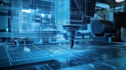 Hologram of machine parts being projected onto surface while industrial robotic arm working in modern factory, showcasing advanced manufacturing technology and innovation