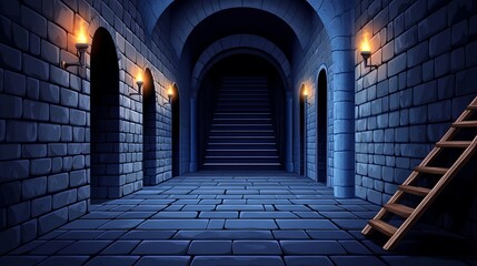 Dungeon corridor with stairs torches and barred doors in a medieval palace
