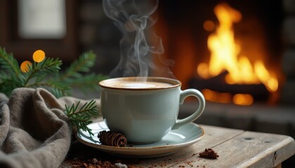 Steaming mug of hot chocolate on a rustic wooden table next to a crackling fireplace.