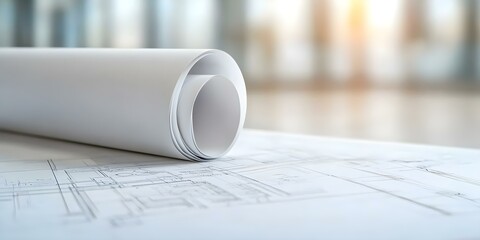 A rolled architectural blueprint resting on a flat surface with blurred background lighting. Concept Architectural Blueprint, Rolled Documents, Flat Surface Photography, Blurred Background