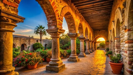 Fototapeta premium Mission San Juan Capistrano: Arched Columns & Passageway - Historic California Architecture Stock Photo