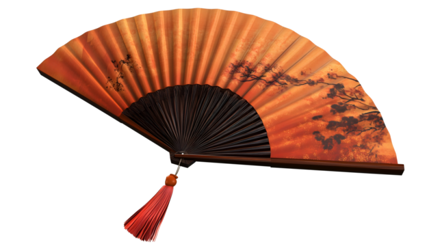 traditional orange and black oriental fan with tassel isolated png transparent background - Powered by Adobe