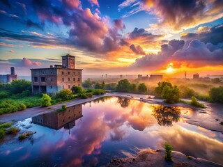 Fototapeta premium Misty Dawn Urban Exploration: Rain-Kissed Cityscape