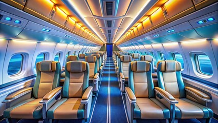 Modern Airplane Cabin Interior: Drone Photography Perspective of Passenger Seats & Overhead Compartments