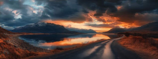Dramatic Sunset Landscape: Serene Road, Fiery Sky, Mountain Lake