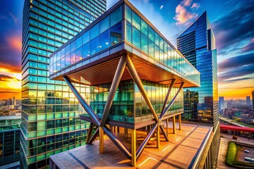 Naklejka premium Modern Architecture, One-Legged Design, Unique Building Exterior, Cityscape