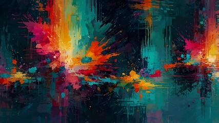 Naklejka premium Vibrant Abstract Digital Art Bold Color Explosion with Red Orange Yellow Teal and Blue Strokes on Dark Background Modern Expressive Design with Dynamic Layers and Energetic Movement