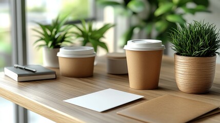 Office Coffee Break Sustainable Cups, Notepads, Plants, Mockup.