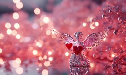 Fototapeta premium Shimmering glass angel figurine holding a tiny red heart, placed on a mirrored surface surrounded by pink fairy lights
