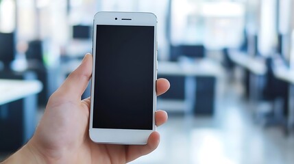 A person is holding a white cell phone with a black screen