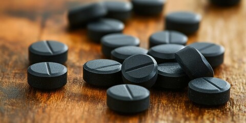 Black tablets scattered on wooden surface in bright light setting