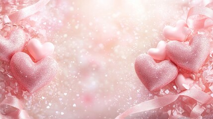 Fototapeta premium Romantic Valentine's Day border frame featuring intertwined hearts, soft pink ribbons, and sparkling glitter effects 