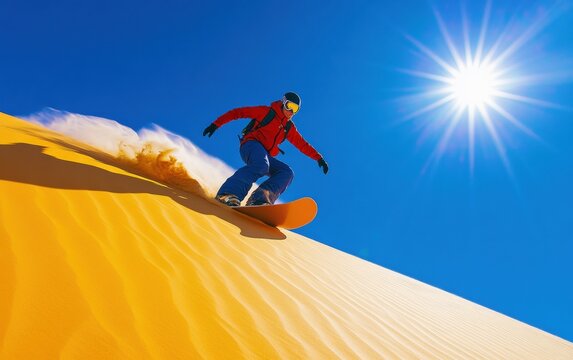 Dynamic sandboarding on desert dune with sand spray under blue sky