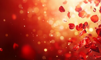 Obraz premium Red roses with bokeh light effect and scattered petals on a vibrant red background. Romantic composition ideal for Valentine's Day, love, wedding, or celebration themes.