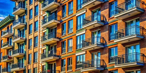 Fototapeta premium Modern City Residential Building Facade, Deep Depth of Field, Architectural Detail, Urban Exterior, Brickwork