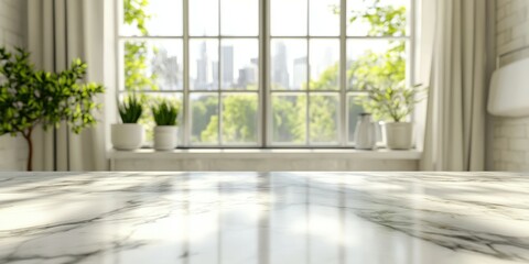 Fototapeta premium Bright interior with a marble countertop and city view through large windows