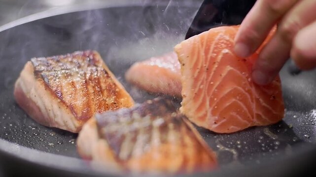 The cook preparing salmon fillets in a pan.
