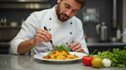  A chef skillfully garnishes a colorful dish with fresh herbs and vegetables in a modern kitchen setting