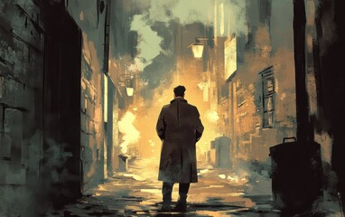 A noir detective in a trench coat, standing in a smoky alley with dark shadows and contrast lighting.
