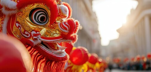 A vibrant lion dance mask glows in sunlight, showcasing intricate details and colors, symbolizing celebration and cultural heritage.