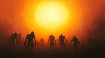 Fototapeta premium a group of zombies walking through a foggy field at sunset