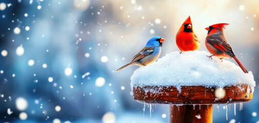Naklejka premium Three colorful birds perched on a snowy platform, surrounded by falling snowflakes, creating a serene winter scene.