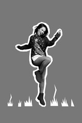 Composite collage photo of young attractive santa claus helper girl wear ugly red sweater celebrate dance new year isolated on green color background