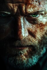 Intense close-up of a rugged man with striking facial features in shadow