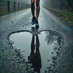 Heart Puddle Reflection. Creative photograph of runner's legs reflected in heart-shaped puddle on wet asphalt path during rainy weather.