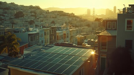 Sunset Over City with Solar Panels on Rooftop