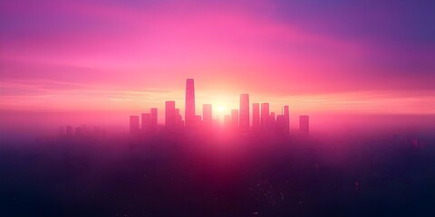 Fototapeta premium A vibrant city skyline at sunset, with tall buildings silhouetted against a colorful sky in shades of pink and purple. Concept City Skyline at Sunset, Vibrant Colors, Pink and Purple Sky