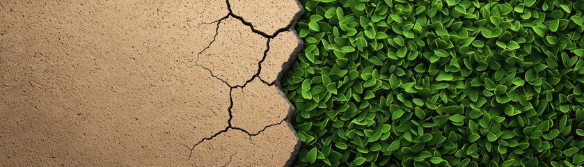 The image shows a stark contrast between dry, cracked earth and vibrant green foliage, symbolizing the effects of drought and the resilience of nature.