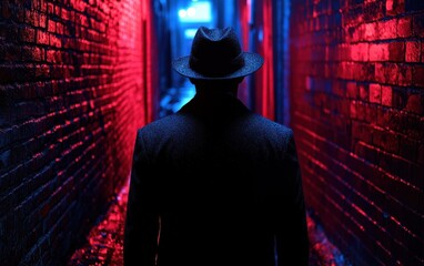 A mysterious figure silhouette from the back, wearing a fedora hat, walking through a dark alley with bright neon lights reflecting on the walls. 