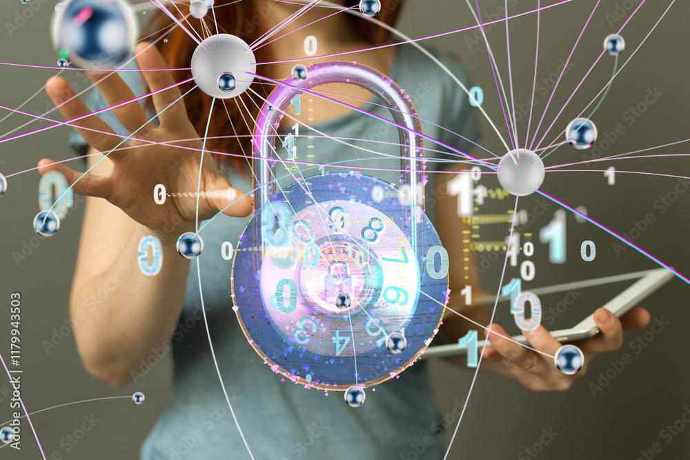 Poster Information technology protected with firewall, secure access and encryption against cyber