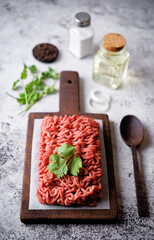 Raw fresh minced meat with cilantro leaves, onion slices and pepper