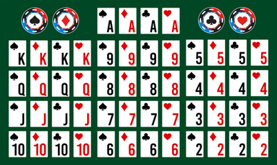 Poker deck of cards with isolated cards. Set of Poker and casino playing cards, full deck. Vector illustration. © angelmaxmixam